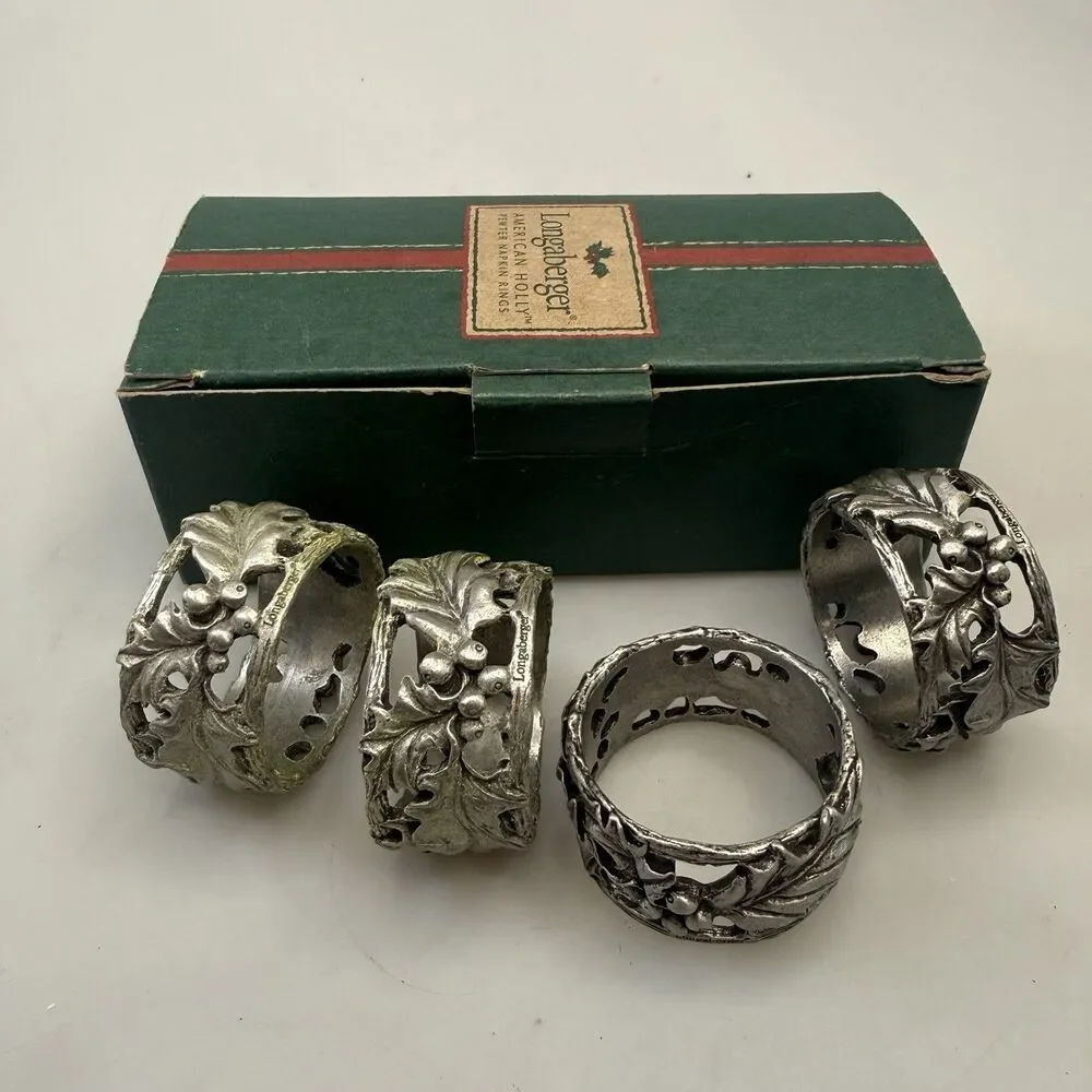 Longaberger 2001 American Holly Pewter Napkin Rings Set 4 Christmas NEW
